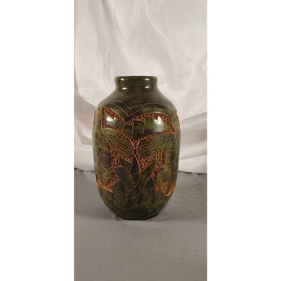 Nicaraguan Sgraffito Pottery Vase Hand Carved Etched Signed Green Sea Turtle 7" - Picture 2 of 12